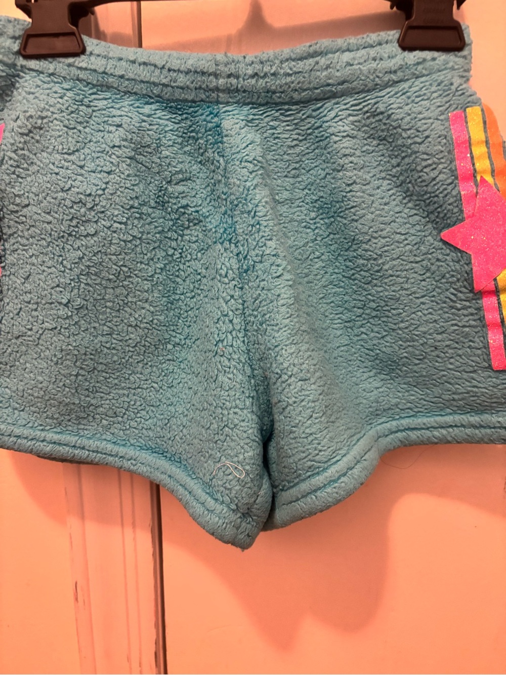Kids Plush Aqua Sherpa Shorts with Pink Star Trim